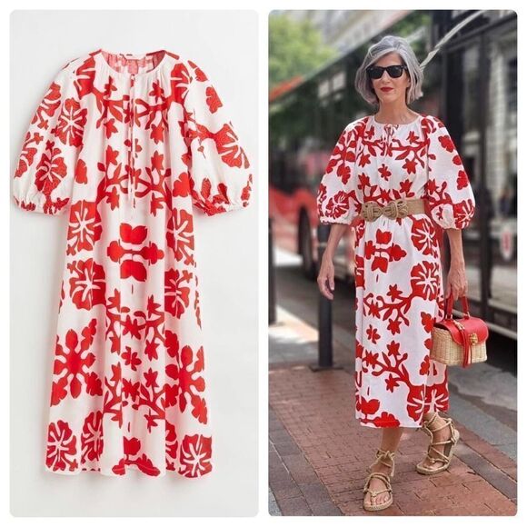 H&M Linen Blend Dress Print New - Picture 1 of 9